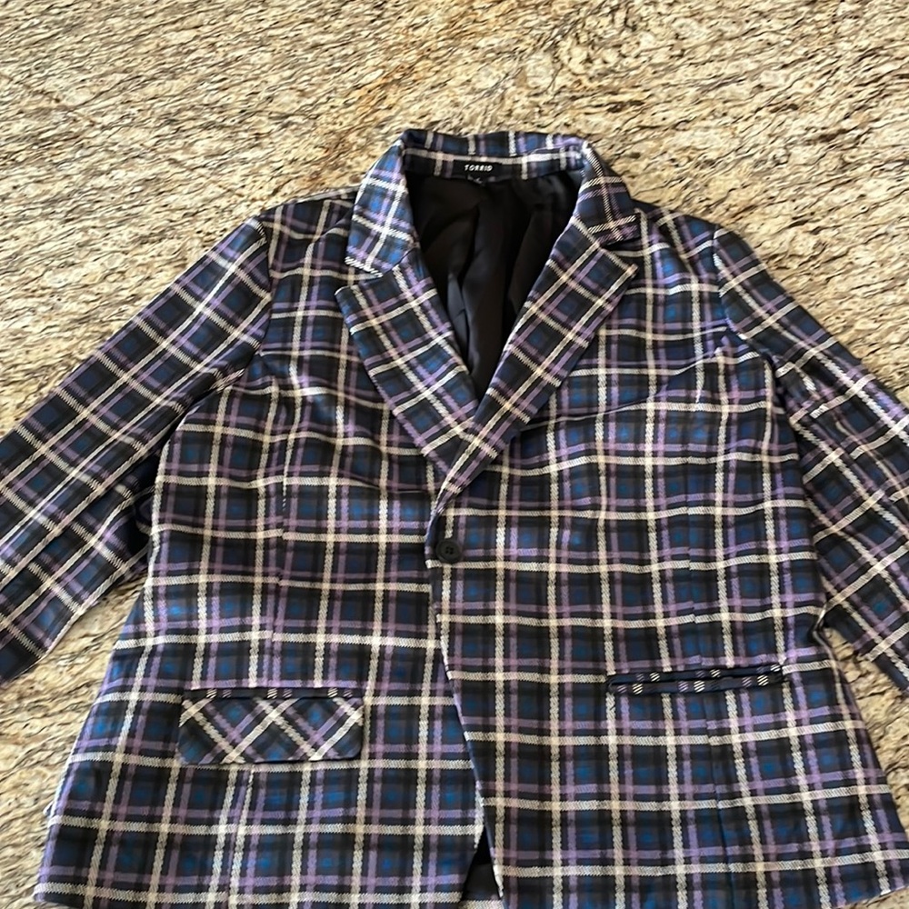 Torrid Purple, Blue, and Black Checkered Blazer